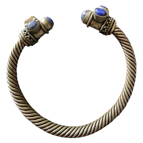 Gemstone Cuff Bangle Silver Oxidized Adjustable Bangle Vtg Bracelet - Picture 3 of 7